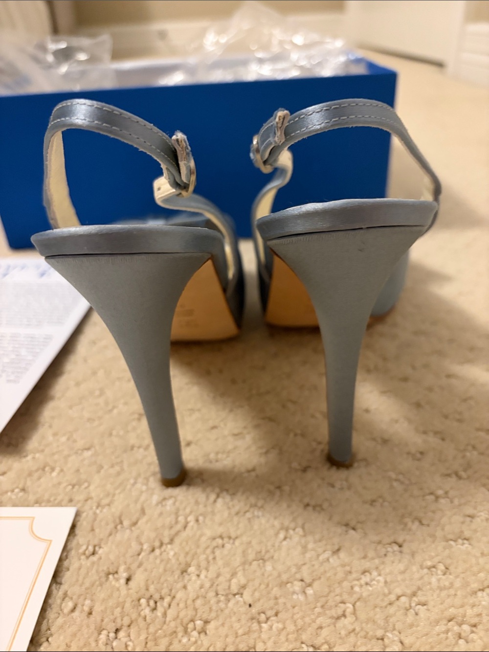 Something Bleu Bridal Light Blue Satin Peep Toe Slingback Heels - Picture 6 of 8